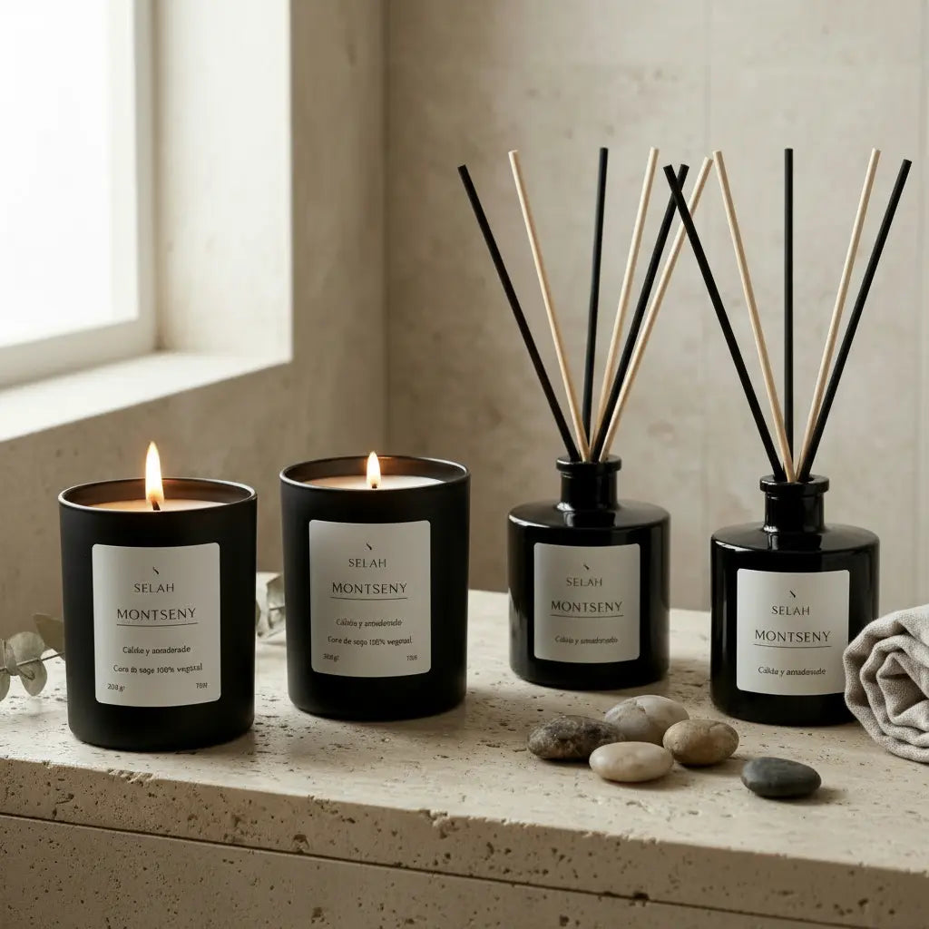 Pack de 2 velas de soja natural y 2 difusores mikado de Rincón Selah en un ambiente decorativo de hogar cálido y acogedor.