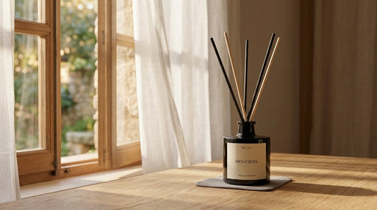 Difusor mikado de varillas sobre mesa de madera iluminado por luz solar suave de verano