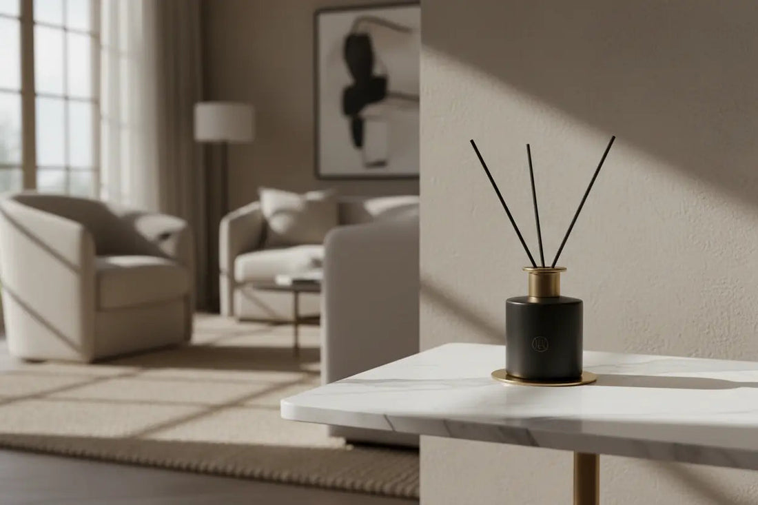 Ambientador de varillas Mikado Montseny en salón minimalista