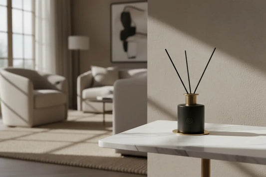 Ambientador de varillas Mikado Montseny en salón minimalista