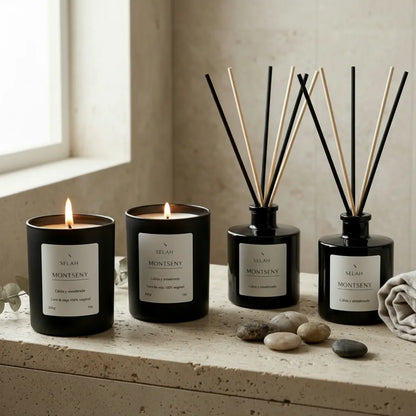 Pack de 2 velas de soja natural y 2 difusores mikado de Rincón Selah en un ambiente decorativo de hogar cálido y acogedor.