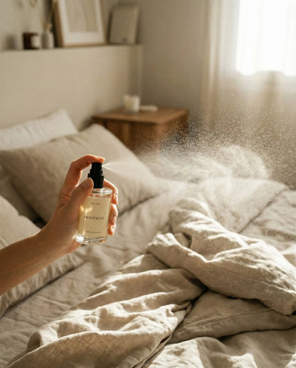 Aplicación de bruma de almohada sobre textiles de cama para mejorar el descanso y el bienestar